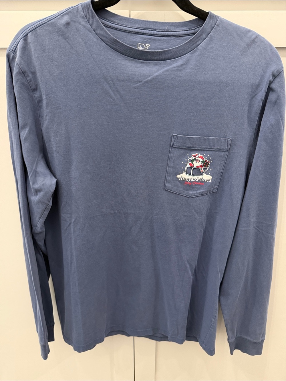 Vineyard Vines Mens Small Christmas Santa Long Sleeve Pocket T Shirt Blue
